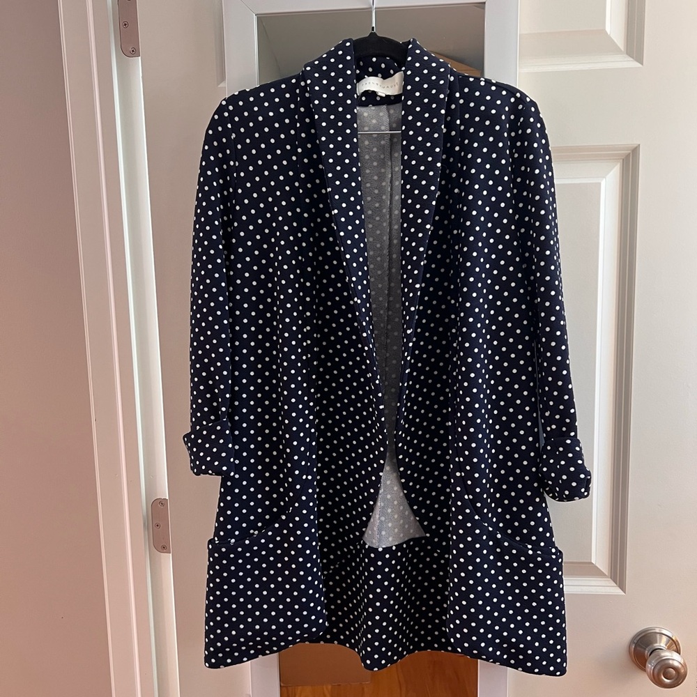 Stitch Fix/ Frenchmauve, Navy, Polka Dot, Knit Blazer, Size Large.